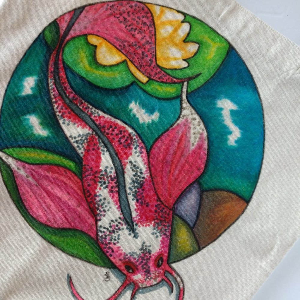 Hand Painted Tote Bag with Pink Koi Fish in Pond 13.5x13.5x3.5 NWT Handmade - Picture 15 of 16